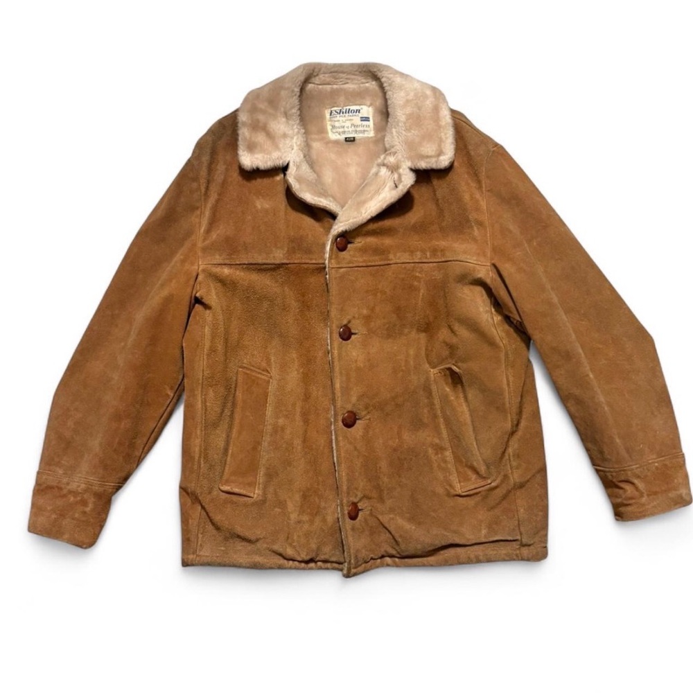 Vtg HOUSE OF PEERLESS BROWN SUEDE LEATHER COAT JACKET FAUX FUR Sz 42R Thrashed